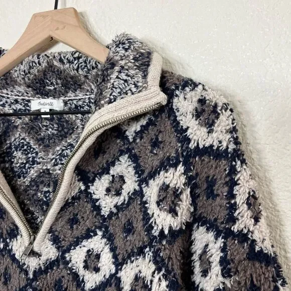 Madewell Popover Sweater Fuzzy Teddy Bear Style Fleece 1/4 Zip Diamond Print M - Picture 6 of 15
